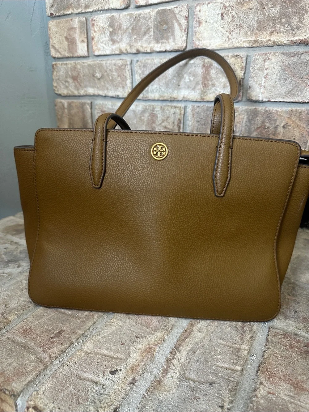 Tory Burch Olive-Toned Brown Pebbled Leather Tote with Gold Logo